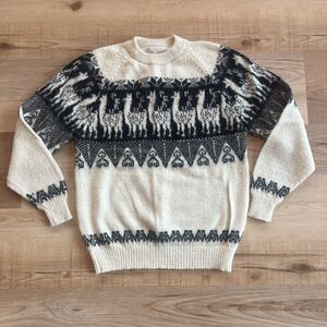 Peru Baby Alpaca Sweater Handmade Fair Isle Unisex Black Cream Soft No Tags